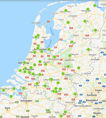 Landkaart met de examenlocaties voor het behalen van het VCA certificaat.